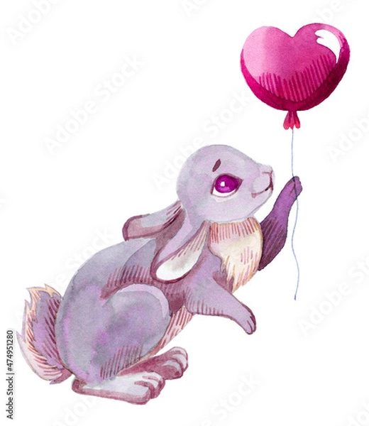 Fototapeta Drawing rabbit of a red heart shape with blots in watercolor on white paper, Valentine's Day theme.