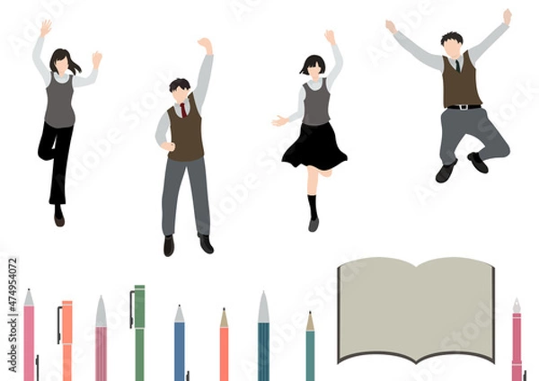 Obraz カラフルなペンとノート、ジャンプして喜びを表現している学生たち