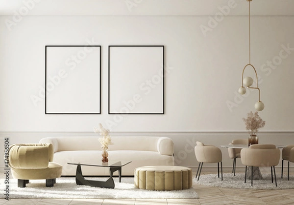 Fototapeta mock up poster frame in modern interior background, living room, Scandinavian style, 3D render, 3D illustration