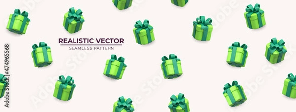 Obraz Vector seamless pattern with gift boxes. Pattern with green gift boxes. Fresh colors for spring holidays. Festive backdrop with gift boxes. Exquisite 3d objects. Realistic vector