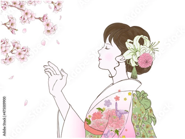 Obraz 晴れ着の女性_横向き_閉眼_さくら②