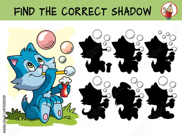 Fototapeta Cat blowing soap bubbles. Find the correct shadow