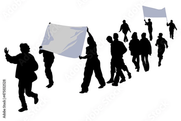 Fototapeta Procession, Silhouettes of a group of people with placards strike are marching in formation, holding slogans with demands their hands, demonstration, parade, joyful, young men and women on a holiday