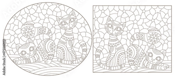 Fototapeta Set of outline illustrations in the style of stained glass with abstract cats , dark outlines on white background