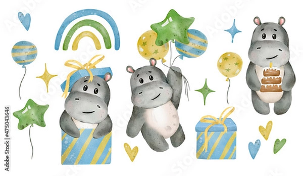 Fototapeta Hand drawn cute isolated watercolor hippo set 