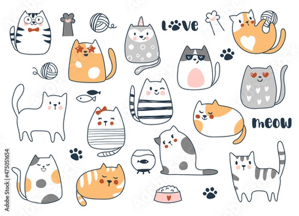 Obraz Cute cat collection. Hand drawn vector illustration.