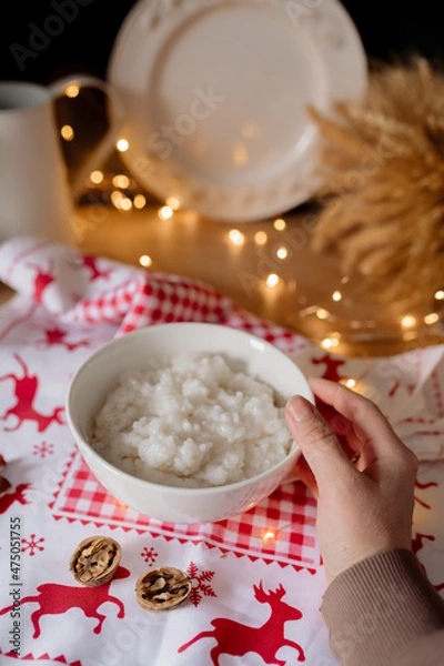 Obraz risengrod -  scandinavian-style, rice porridge. Popular traditional breakfast best hygge dessert for Christmas