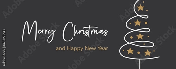 Fototapeta Merry Christmas and Happy New Year greeting card, banner template. Winter holiday. Vector line art, doodle christmas tree with lettering. Elegant dark design.