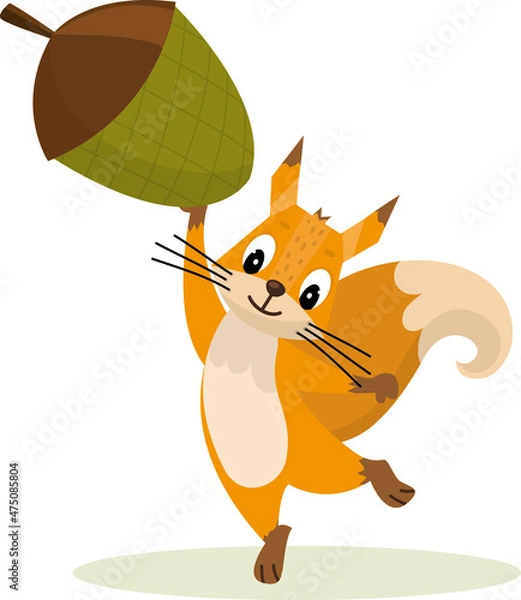 Obraz Cute cartoon squirrel Holding Acorn. Funny little brown squirrel collection. Emotion little animal. Cartoon animal character design. Flat vector illustration isolated on white background.