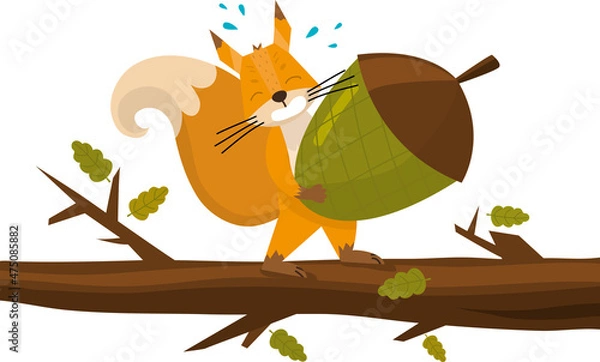 Obraz Cute cartoon squirrel Holding Acorn. Funny little brown squirrel collection. Emotion little animal. Cartoon animal character design. Flat vector illustration isolated on white background.