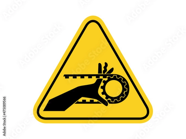 Fototapeta isolated watch out hand placard, common hazardous symbols on yellow round triangle board warning sign for icon, label, logo or package industry etc. flat style vector design.