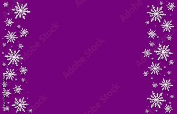 Obraz Winter magenta purple crimson lilac rose pink saturated bright background with white snowflakes on two sides. This is a wonderful card for congratulation, party, message for Christmas, New Year.