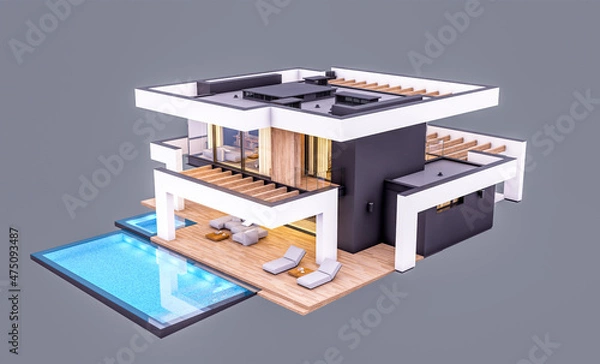 Fototapeta 3d rendering of modern cozy house with pool and parking for sale or rent in luxurious style. In the evening. Isolated on gray