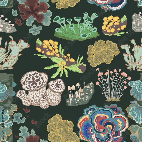 Fototapeta Seamless pattern with mushrooms, fungi, lichen and moss. Vintage decorative floral elements set. Vector illustration