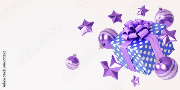 Fototapeta Christmas composition with Christmas decorations and a gift box with a bow on a white background. 3D illustration in magenta and blue, with space for text.