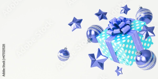 Fototapeta Bright New Year composition with Christmas decorations and a gift box with a bow on a white background. 3D illustration in green and blue, with space for text.