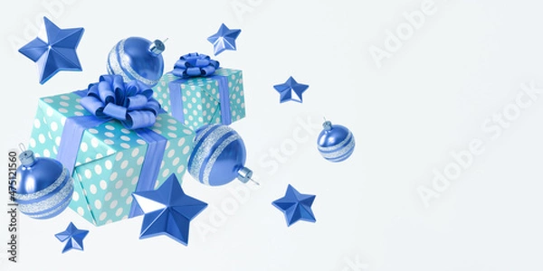 Fototapeta Christmas composition with Christmas decorations and a gift box with a bow on a white background. 3D illustration is in green and blue, with space for text..