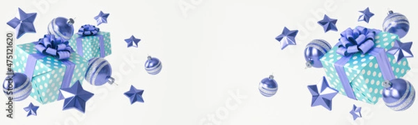 Fototapeta A beautiful Christmas composition with Christmas tree decorations and a gift box with a bow on a white background. 3D illustration in green and blue colors, with a blank space to insert text.