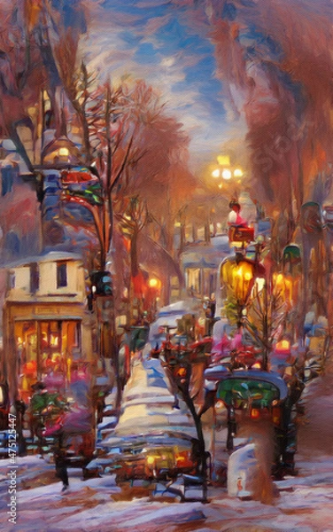Obraz Bright colorful Paris street drawing. Modern impressionism painting contemporary art. Color houses and building. Surreal abstraction in oil and pastel mixed. Wall art print, poster, canvas artwork
