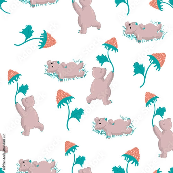 Fototapeta Seamless Pattern with Cartoon Bear Character Illustration Design on White Background
