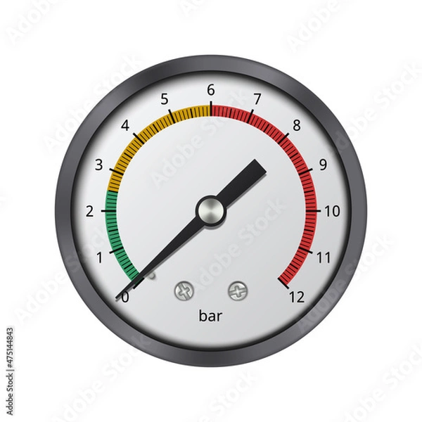 Fototapeta Realistic pressure gauge with color graduations on a white background. Pressure measuring instrument. Vector illustration.