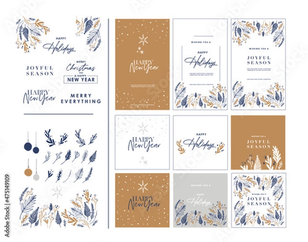 Obraz Christmas, Winter holiday graphic element set. Winter plants berry. Placeholder typography banner. Bundle elements reindeer, ornaments and text. Seasonal party invitation, greetings, corporate email 