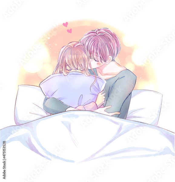 Fototapeta ベッドで寄り添うカップル