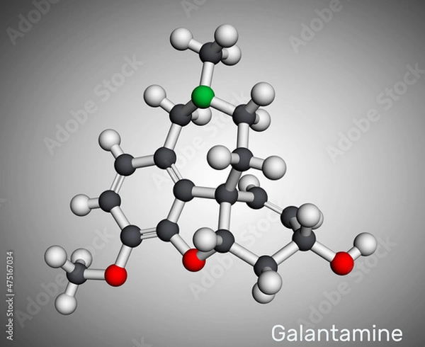 Fototapeta Galantamine, molecule. It is tertiary alkaloid, used to trate dementia, Alzheimer's disease. Molecular model. 3D rendering