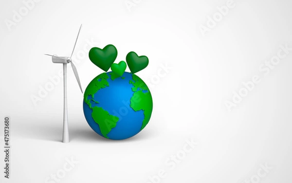 Fototapeta Ecological Energy Concept. Wind Turbine Windmills, Earth Globe and green hearts. 3d Rendering