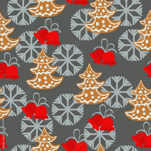 Fototapeta Gingerbread Christmas tree seamless pattern, Christmas gingerbread and bells on gray background