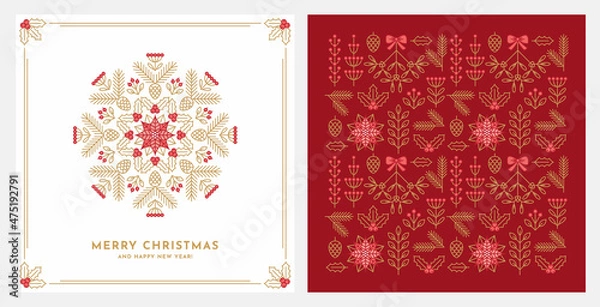 Fototapeta Christmas greeting card design with seamless floral pattern.