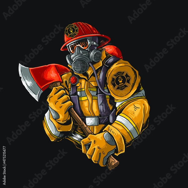 Obraz fire fighter with axe illutration vector graphic