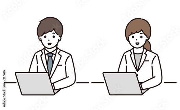 Obraz 薬剤師 医師 男性 女性 白衣 パソコン 笑顔