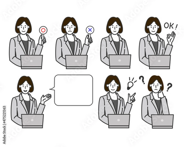 Fototapeta スーツ姿のビジネスウーマンがパソコンの前に座りマルバツやオッケーなどの表情バリエーションの白背景に線画のシンプルなイラスト