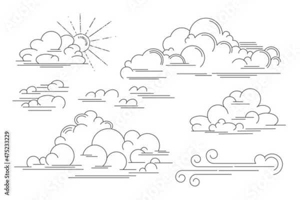 Fototapeta Vector linear clouds. Set of isolated contour images of clouds, wind and storm eddy. Outline vector illustration