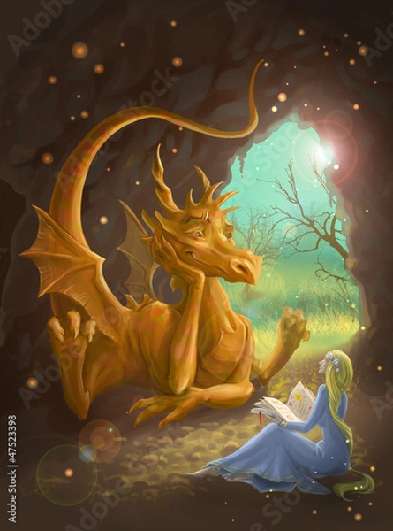 Obraz dragon and princess reading a book