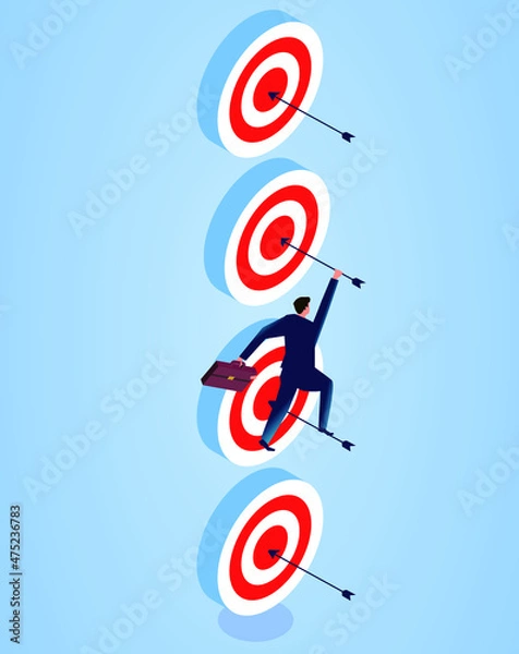 Fototapeta Businessman climbs up one by one bullseye along the arrow to complete one goal after another, business concept illustration