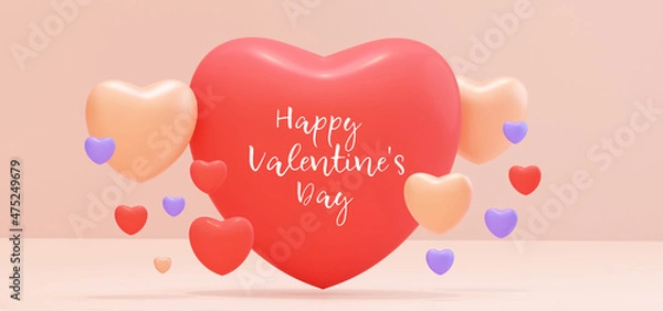 Fototapeta 14 february. Valentine's Day greeting card. Scattered hearts in purple red and beige tones. 3d rendering