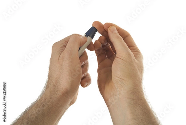 Obraz The process of piercing the skin to obtain a blood sample. The lancet is pressed tightly against the finger. Image isolated on white background.