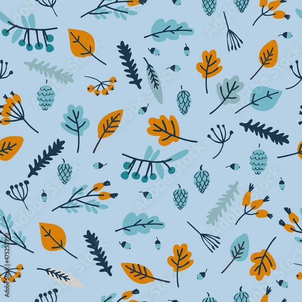Fototapeta Seamless pattern with leaves, berries, strobiles, oak acorns on blue background. Autumn forest concept