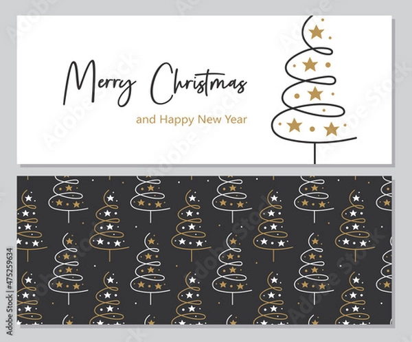 Fototapeta Merry Christmas and Happy New Year greeting card, banner template. Christmas tree with lettering. Background with christmas tree pattern. Winter holiday decor.