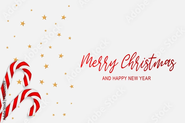 Fototapeta Christmas simple lite background with realistic red and white cane candy forming a heart and golden stars. Xmas holiday cover poster. Top view flat lay. Vector illustration.