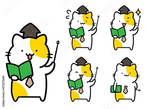 Obraz 様々な表情で何かを教えるかわいい教授ねこのキャラクターの手描き風イラスト