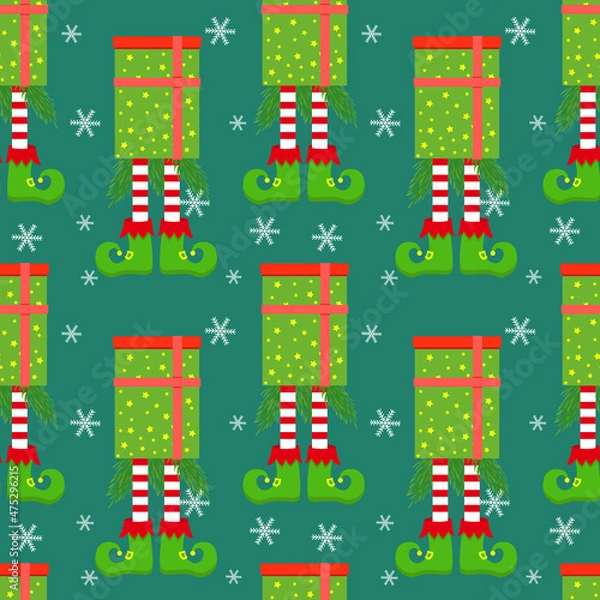 Obraz Seamless Christmas Pattern with Elf legs from gift box