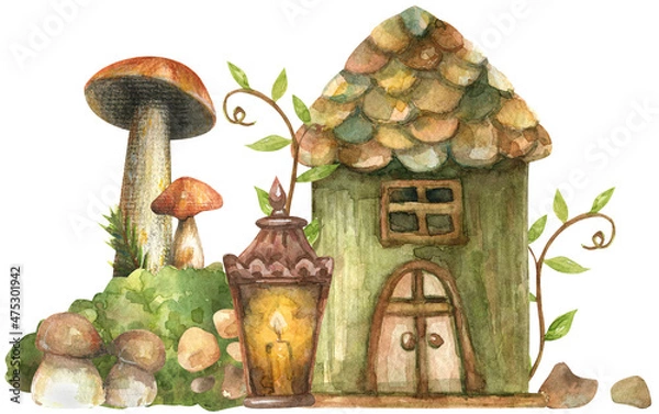Obraz Watercolor illustrations of small houses and mushrooms in the forest isolated on a white background. Rustic fairytale houses, lanterns in the forest, surrounded by mushrooms, mosses and greenery.