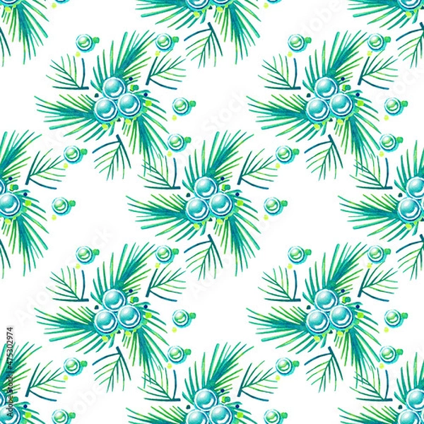 Obraz Seamless texture Background watercolor paper green nature grass greenery plants foliage Christmas tree holiday new year christmas spruce Christmas wreath with made of fir branches drawing