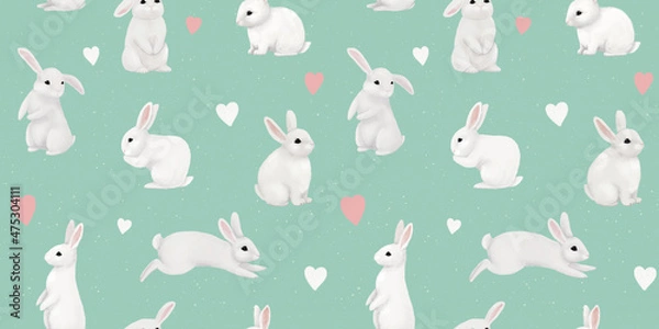 Fototapeta Cute white rabbits and bunnies. Delicate children's print. Funny characters. Pattern for children's fabrics, clothes, bedding, goods, wallpaper