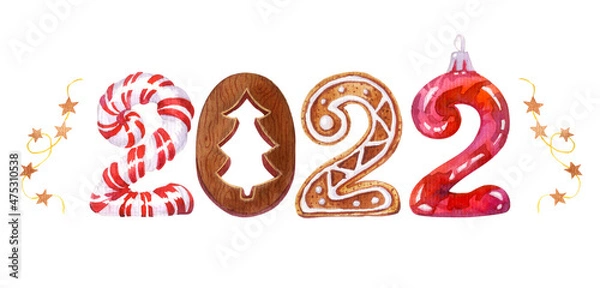 Fototapeta Watercolor illustration of numbers 2022 year isolated on white background. Numbers like a candy, a wooden piece, a cookie and an ornament. Image for greetings, cards, wrapping, posters, design element