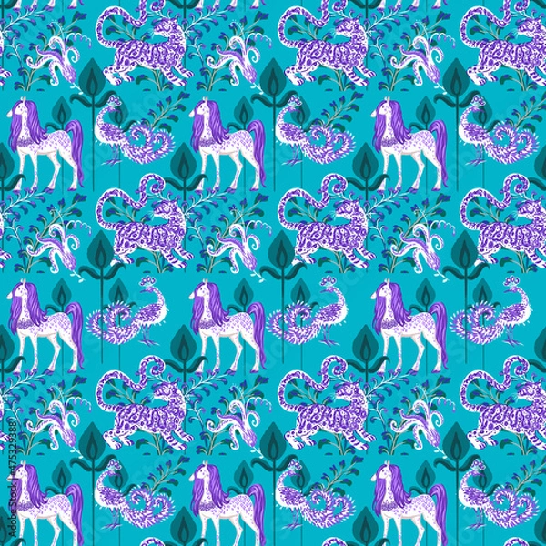Obraz seamless pattern, fantasy, leopards and unicorns