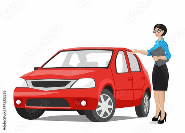 Fototapeta Seller woman shows a red car to a customer. Buying, selling or renting a car. Illustration in flat style on white background